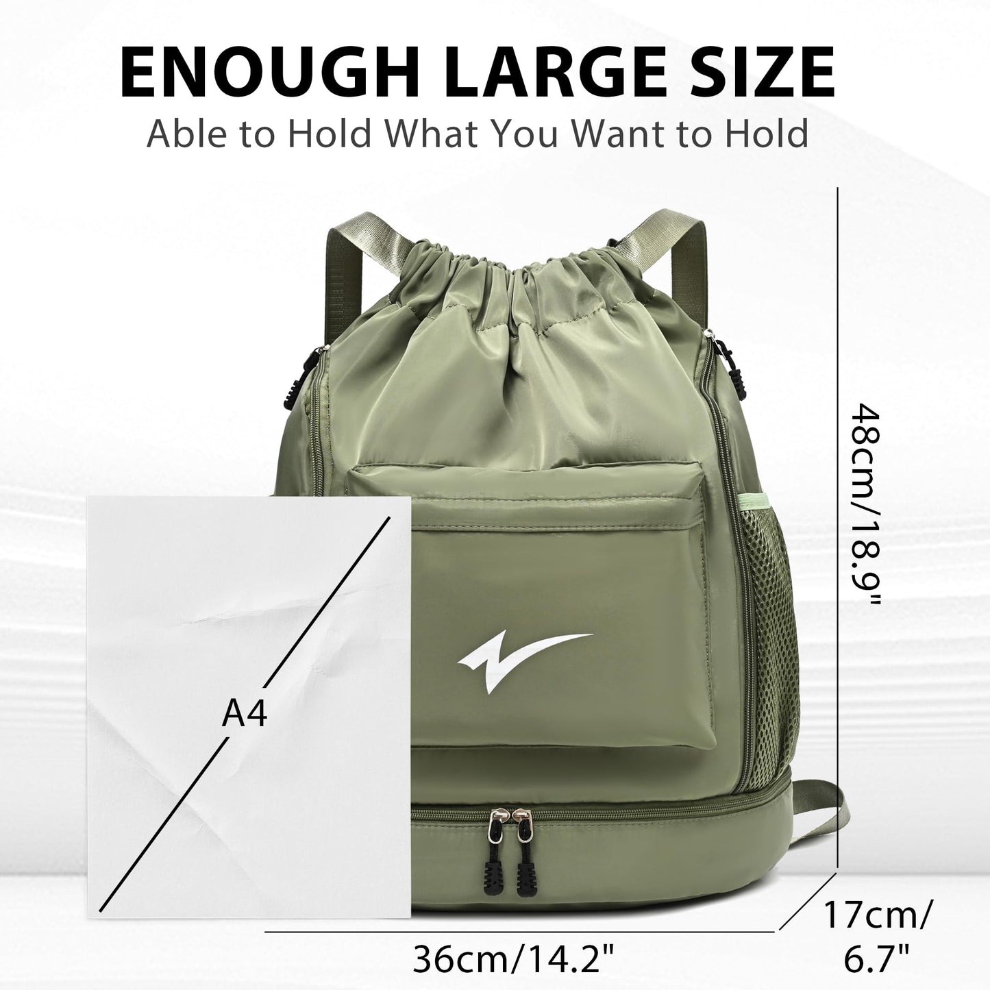 U·helper Sport Drawstring Backpack, Gym Bag with Mesh Side Pockets and Separate Shoe Compartment, Water-Resistant (Army-Green)