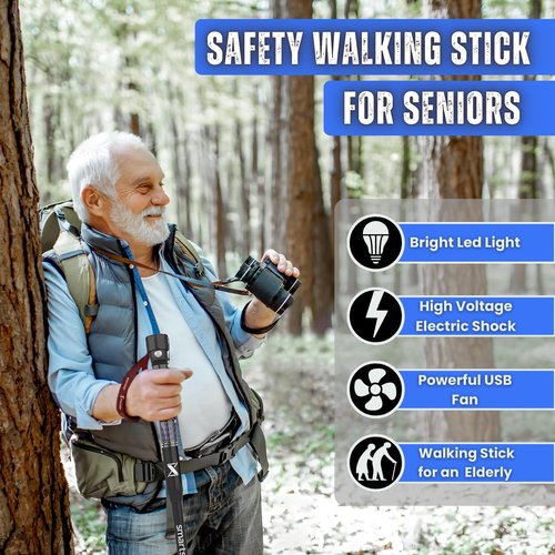 SmartstickX Tactical Walking Stick Staff Self Defense Stun Gun, 2 Bright LED Light Modes, Military Grade Aluminum, USB Charging Port/Fan, Outdoor Adventures, Trekking, Survival Hiking Tactical Tool