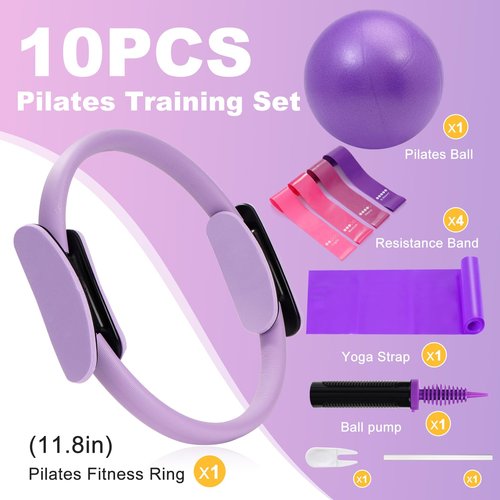 WENDISI Pilates Ring Fitness Circles Set, High Resistance Yoga Ring Pilates Equipment Set for Women Includes Pilates Ring, 9 Inch Small Exercise Ball, 5 Resistance Bands at Home Pilates Workout Set