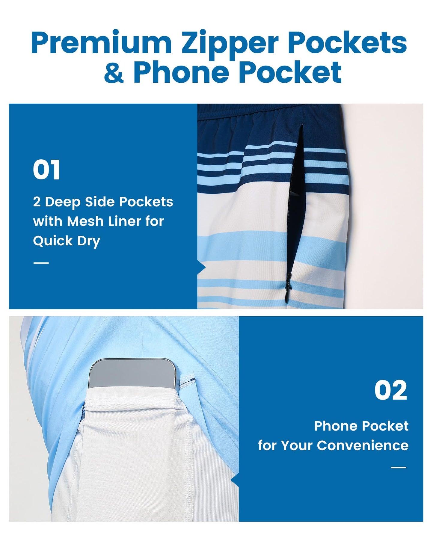 maamgic 2 in 1 Mens Swim Trunks 7 Inch Swim Shorts Swim Suits Board Shorts Blue White Horizontal Stripe XL