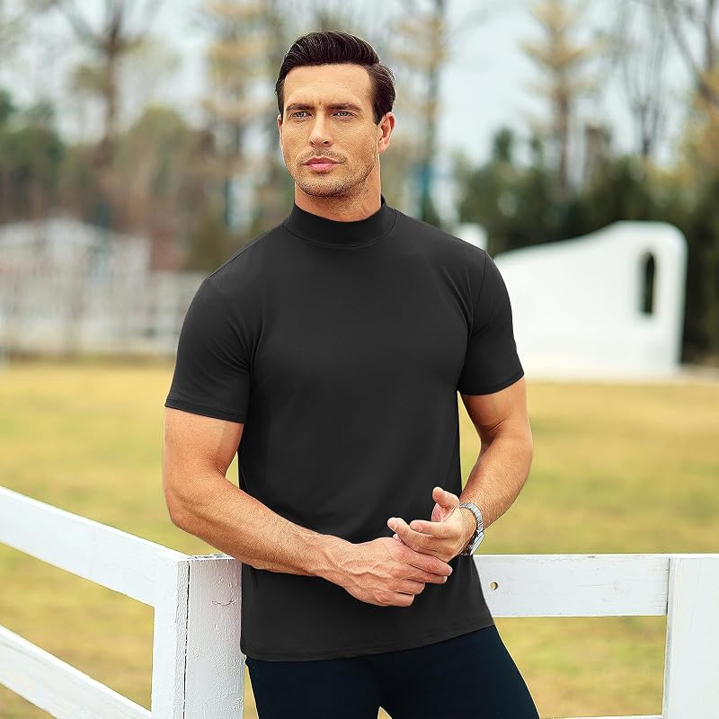 Men's Mock Neck Short Sleeve T-Shirt - Basic Fit, 80/20 Cotton-Spandex, Black Small