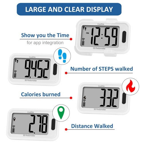 COOLFIRE 3D Accurate Pedometer for Walking, Simple Step Counter with Large Watch Display, Pedometer for Walking Steps, Calorie and Miles. Fitness Tracker, Ready to Use or Customize via App PDWT03