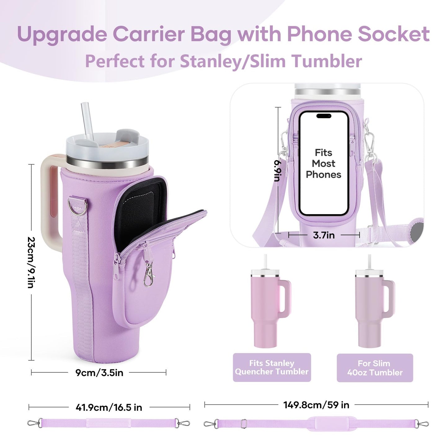 linmaya Water Bottle Carrier Bag for Stanley Cup 40/30oz with Phone Holder Pockets,Neoprene Water Bottle Cross-body Bag with Adjustable Shoulder & Hand Strap Stanley Cup Accessories