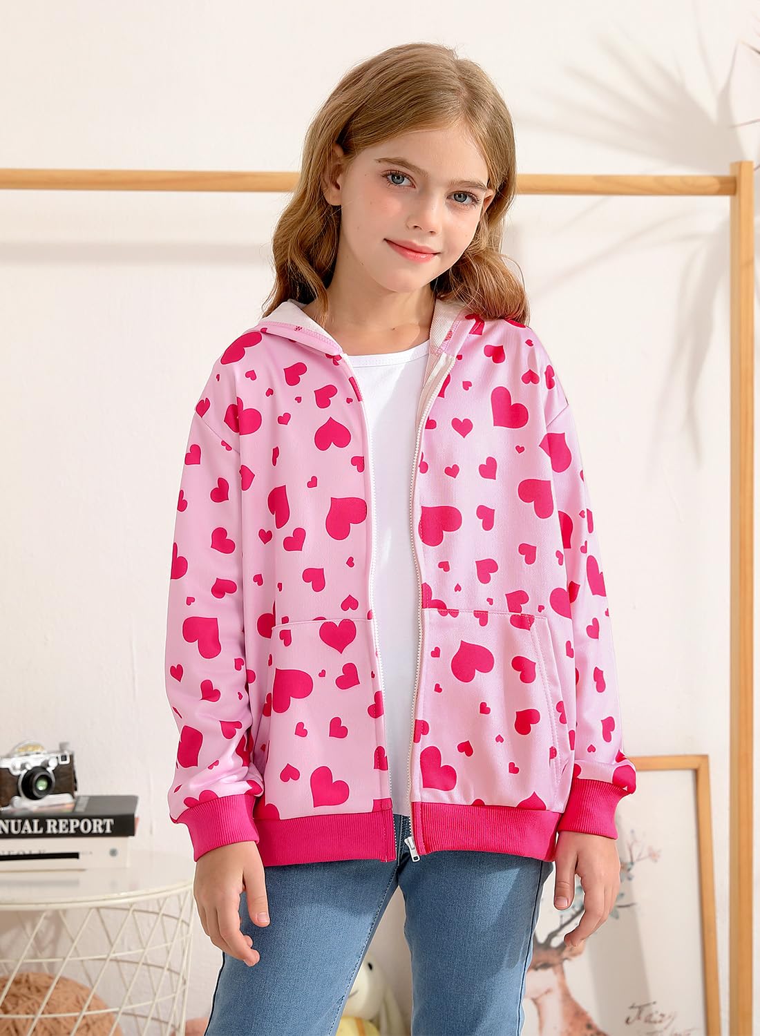 Belovance Girls Graphic Zip Up Hoodie Sweatshirt with Pockets Kids Tween Hooded Coat Casual Loose Outerwear Autumn Long Sleeves Oversized Novelty Lightweight Jacket Top Cute Pink Hearts 8-10 Years