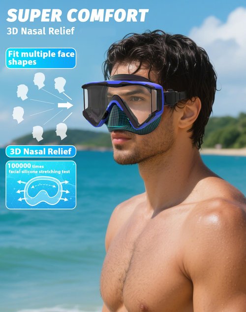 Greatever Snorkel Set Pano 3 Window Snorkel Mask Adult, Panoramic Wide View, Anti-Fog Scuba Diving Mask, Anti-Leak Snorkel Goggles Dry Top Snorkel, Professional Snorkeling Gear for Adults