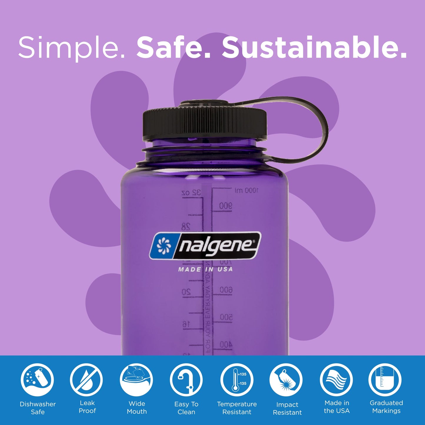 Nalgene Wide Mouth Water Bottle | BPA-Free, Durable & Leak Proof, Lightweight Bottle for Hiking & Gym, Work & Travel, Purple, 32 Ounces (Pack of 6)