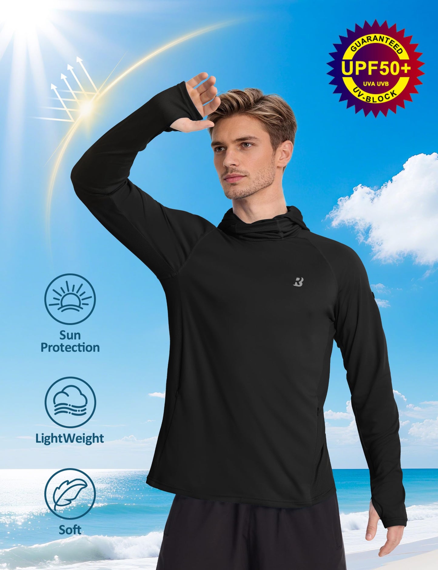 Roadbox Mens UPF 50+ Sun Protection Hoodie, Long Sleeve Fishing Shirt with Mask, Lightweight UV SPF Hooded for Hiking Running