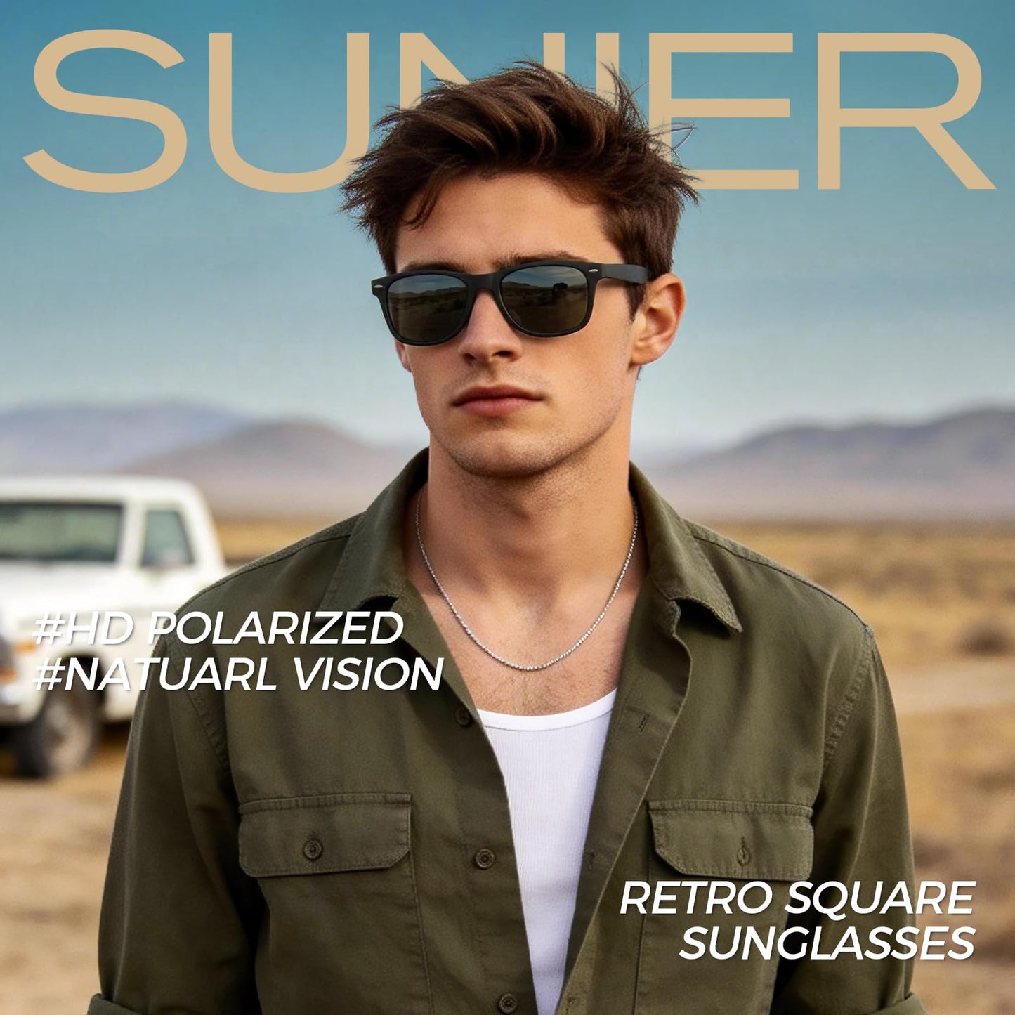 Sunier Polarized Sunglasses for Men and Women, Retro Square Matte Finish UV400 Protection Shades for Driving, Fishing