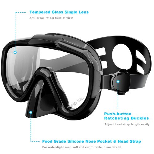 Snorkeling Gear for Adults, Dry Top Snorkel Set with Panoramic Anti-Leak and Anti-Fog Tempered Glass Lens, Adjustable Snorkeling Set for Scuba Diving Swimming Training Snorkel Kit