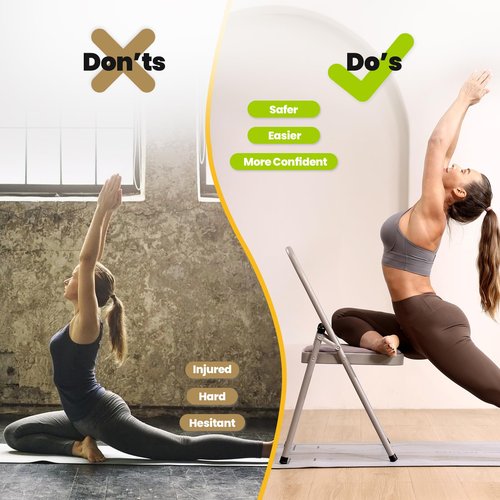 Foldable Yoga Auxiliary Chair with 3 Training Guide Posters for Versatile Exercises, Yoga Assist Handstand Chair with Detachable Lumbar Back Support for Stretching, Balance Training. (Grey)