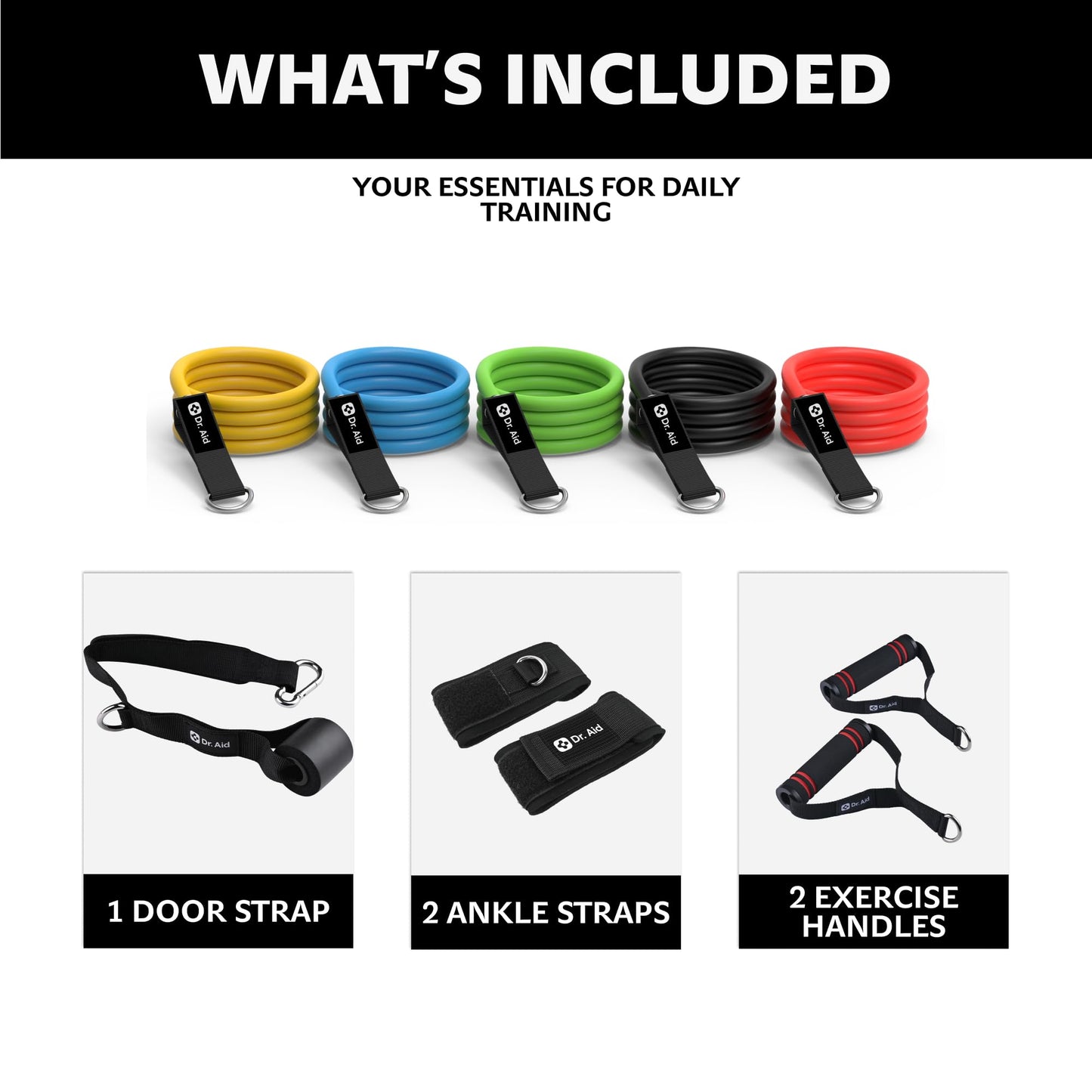 Dr. Aid Resistance Bands with Handles - 5 Stackable Exercise Bands for Working Out, Pure Latex, Smell-Free & Tear Resistant - Workout Resistance Set for Physical Therapy, Strength Training & Stretch