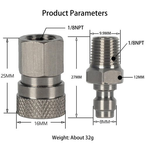 HMKUGO 1/8 NPT Female Connector and 8mm Male Plug Fill Nipple Quick-Disconnect Set, Stainless Steel Remote Line Male & Female Set for PCP Foster Paintball Airsoft Air Gun Tool