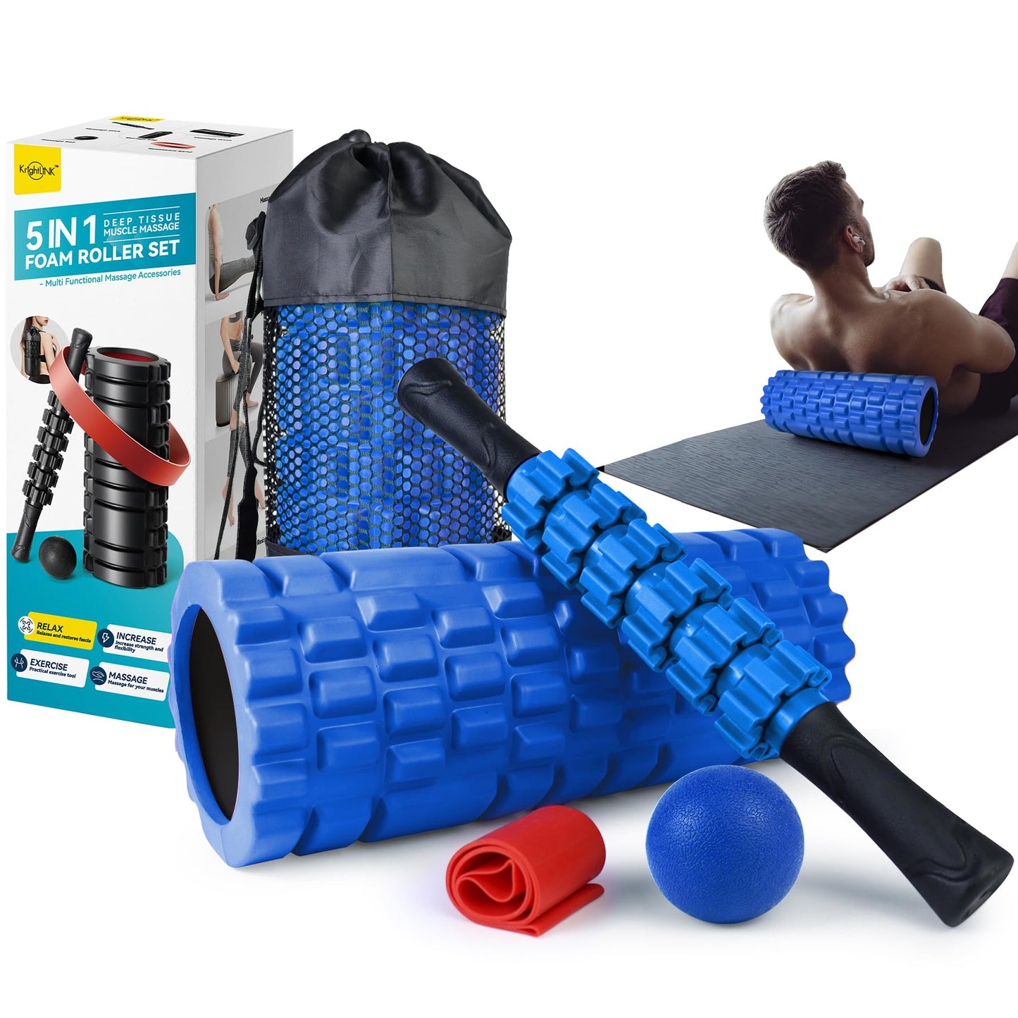 Krightlink 5 in 1 Foam Roller Set for Deep Tissue Muscle Massage, Trigger Point Fitness Exercise Roller, Massage Ball, Stretching Strap, Whole Body (Orange)