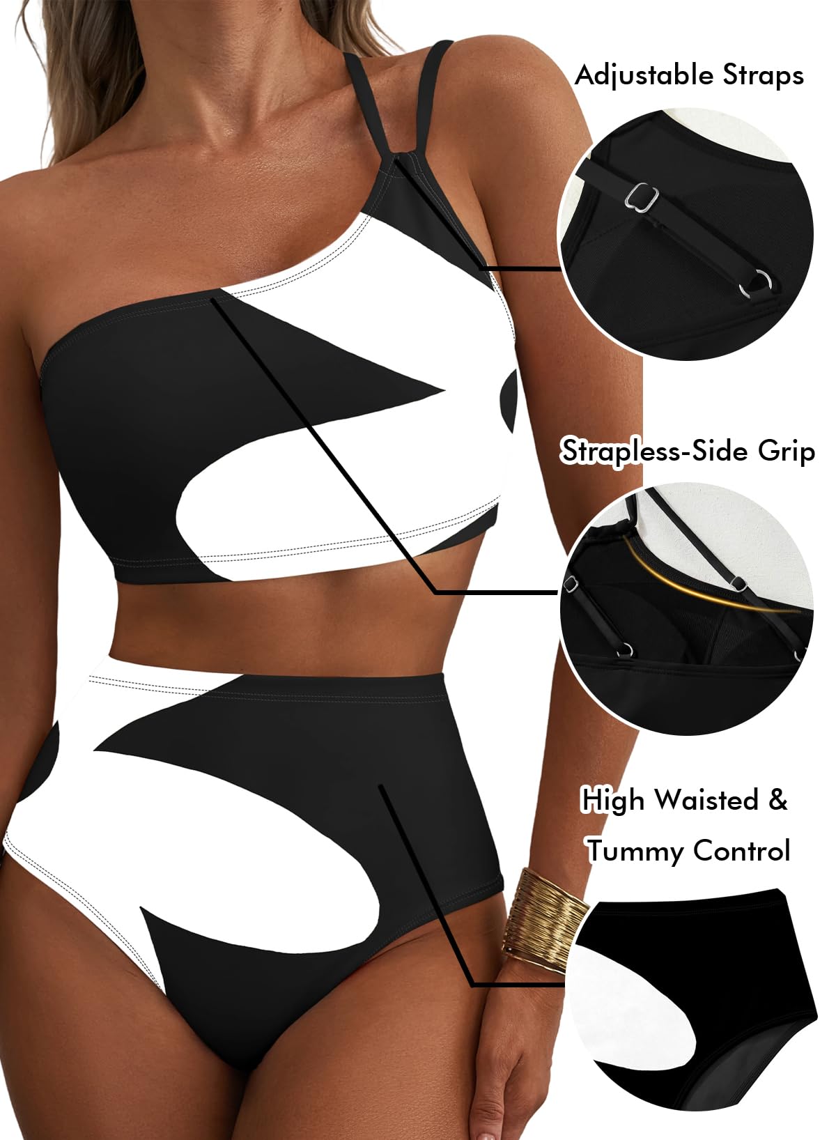 Herseas Women Bikini Sets One Shoulder Floral Print Push Up Swimsuits High Waisted Tummy Control 2 Piece Breathable Bathing Suits Cute Beach Vacation Clothes for Teens Black White Abstract Medium