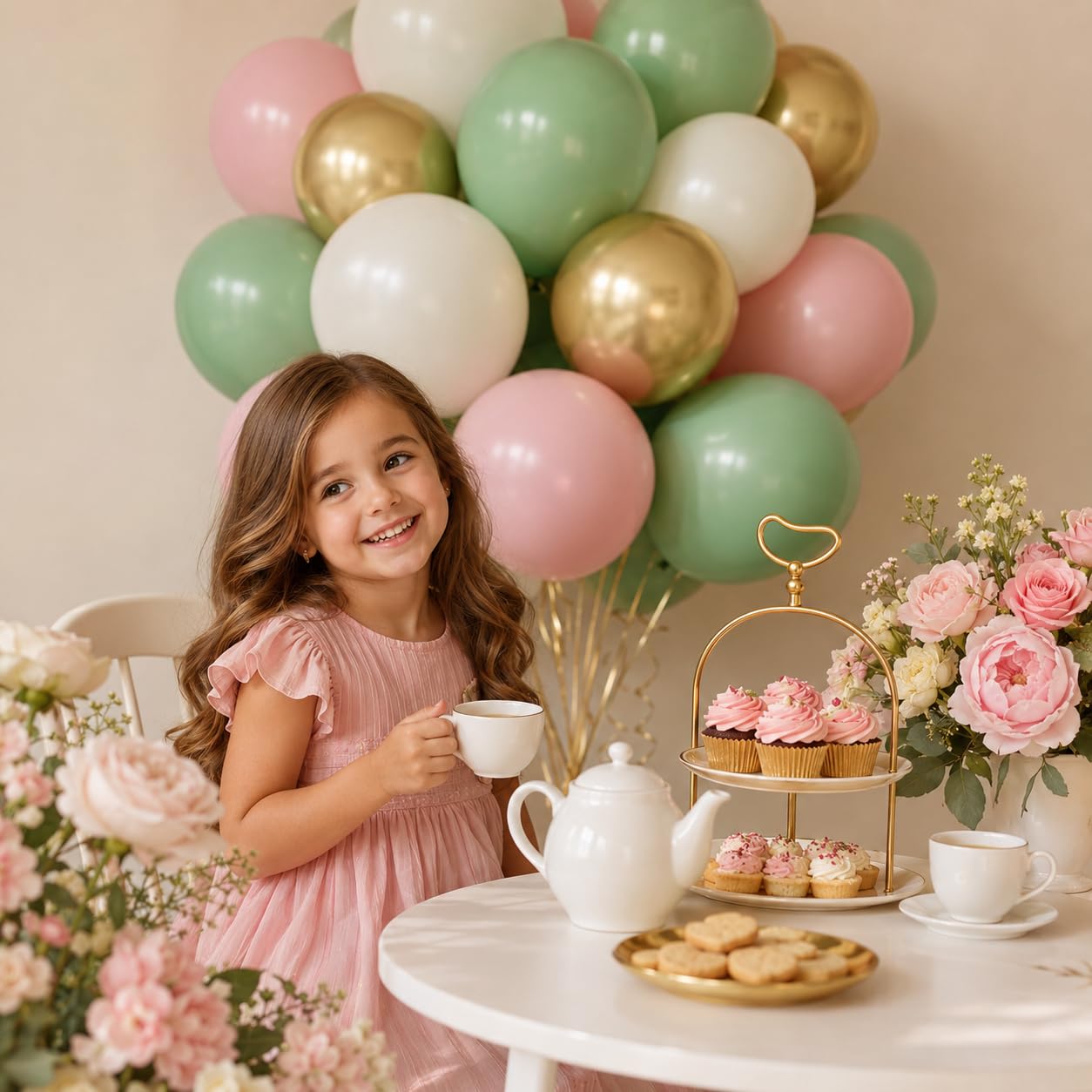 Sage Green Pink Balloon, 60 Packs 12 Inch Olive Green Pink Balloon with Sand White Metallic Gold Balloons for Floral Fairy Wildflower Baby Shower Birthday Woodland Garden Tea Party Party Decorations