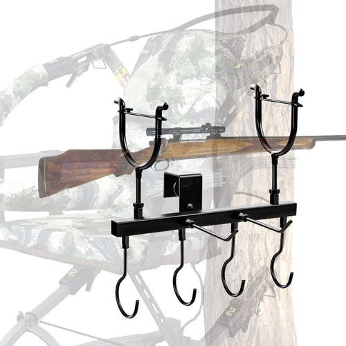 Metal Tree Stand Gun Holder, Rustproof Tree Stand Gun Rest with 6 Organize Hooks Treestand Rifle Holder Hunting Equipment Treestands Accessories for Climbing Stand Men Hunting Gift, Easy Clamps On