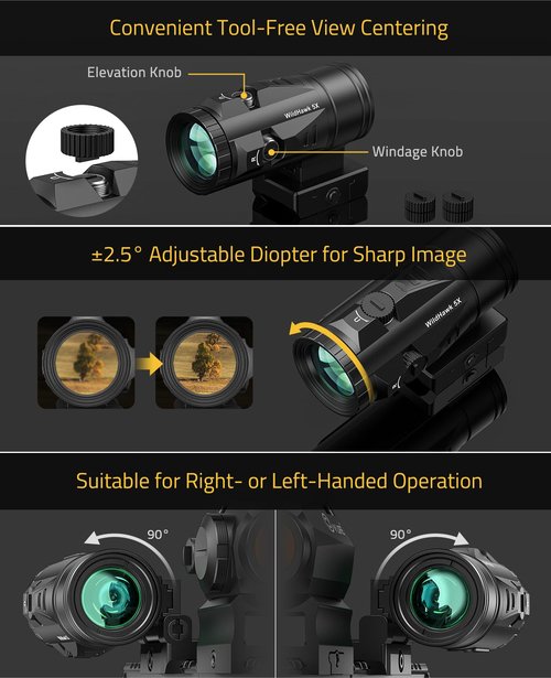 CVLIFE WildHawk 5X Red Dot Magnifier, with Flip-to-Side Mount for 21mm Picatinny, Red Green Dot Scope Optic Reflex Sight Magnifiers, Absolute & Lower 1/3 Co-Witness, 1500G Shockproof IPX7 Waterproof