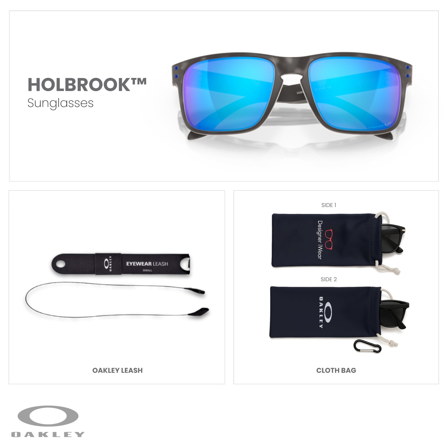 OAKLEY Holbrook OO9102 9102G7 57MM Matte Black Tortoise/Prizm Sapphire Polarized Square Sunglasses For Men+ Bundle Accessory Leash Kit, Microfiber Pouch