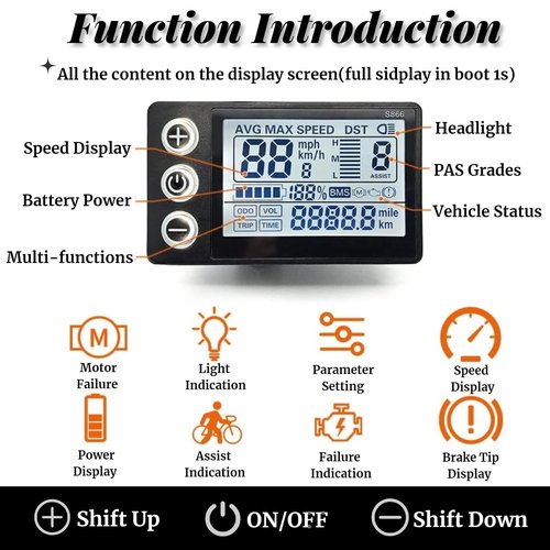 Electric LCD Display Meter, S866 LCD Display Meter, Speedometer Odometer, 24V 36V 48V Electric Scooter Control Panel with Plug for 22.2mm/0.9in Handlebars