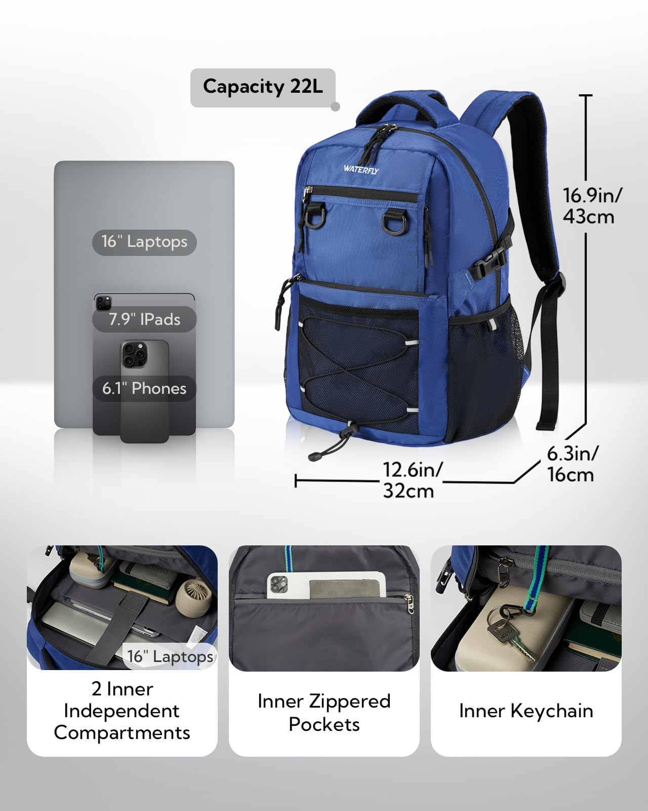 WATERFLY Travel Hiking Casual Backpack: 22L Lightweight Everyday Outdoor City Daypack College Bookbag for Women Men