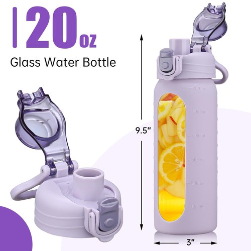 SIEROZUR 20oz Borosilicate Glass Water Bottle with Flip Lid and Silicone Sleeve Reusable Drinking Bottle with Handle for Coffee,Tea and Water,BPA-free Dishwasher Safe