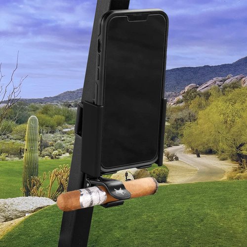 Desert Fox Golf Phone Caddy + Cigar Holder – Adjustable Golf Cart Phone Mount with Secure Cigar Clip – Hands-Free GPS & Golf App Access – Fits All Phones & Cigars (Black)