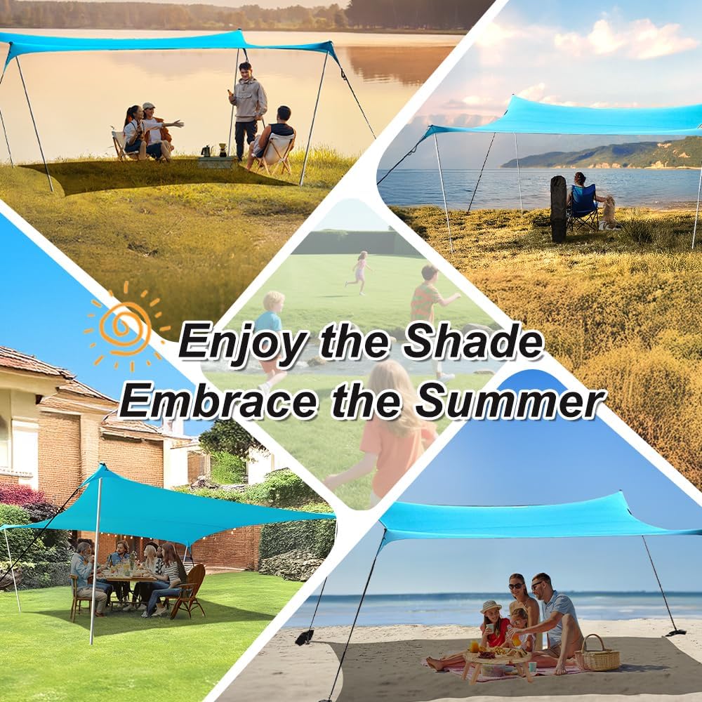 10×10ft UPF50+ Beach Tent Sun Shelter, Windproof Stable Outdoor Pop Up Beach Shade Canopy for Camping, Fishing, Backyard Fun or Picnics, 2 Poles