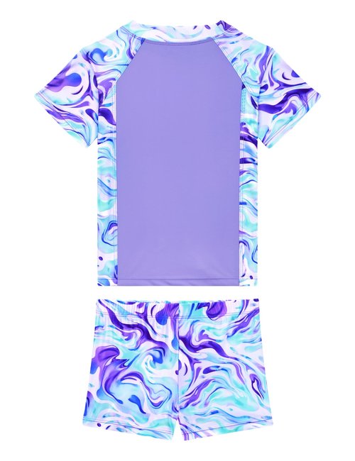 Tziharora Girls Swimsuit Size 5-6 Years Old Purple Green River Short Sleeve Rash Guard Bathing Suits 2 Pieces