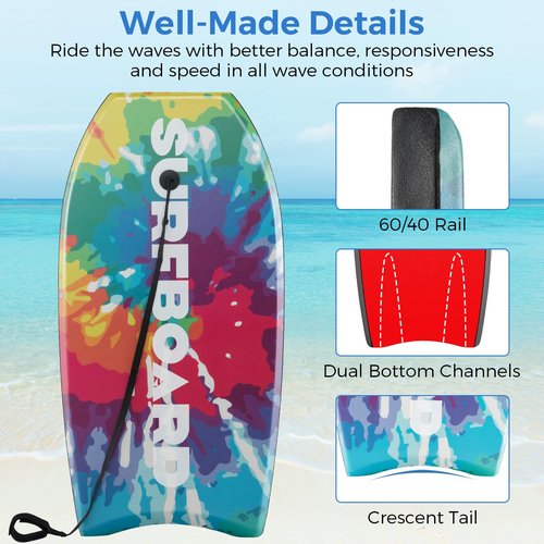 Goplus 41''/37''/33'' Lightweight Body Board for Beach, Surf Board with EPS Core, XPE Deck, HDPE Slick Bottom, Wrist Leash, Bodyboard for Kids Adults Surfing (Rainbow Ink, 37 Inches)