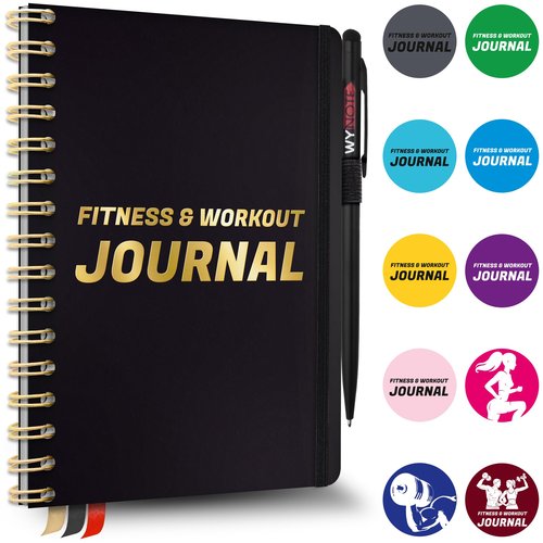 Fitness Journal Black on 150+ Workouts Yearly Calendar 55 Tracking Values - A5 Workout Journal with Fat tracking Muscle Exercises - Planner to 12 items to track 7 comparative periods + Goals