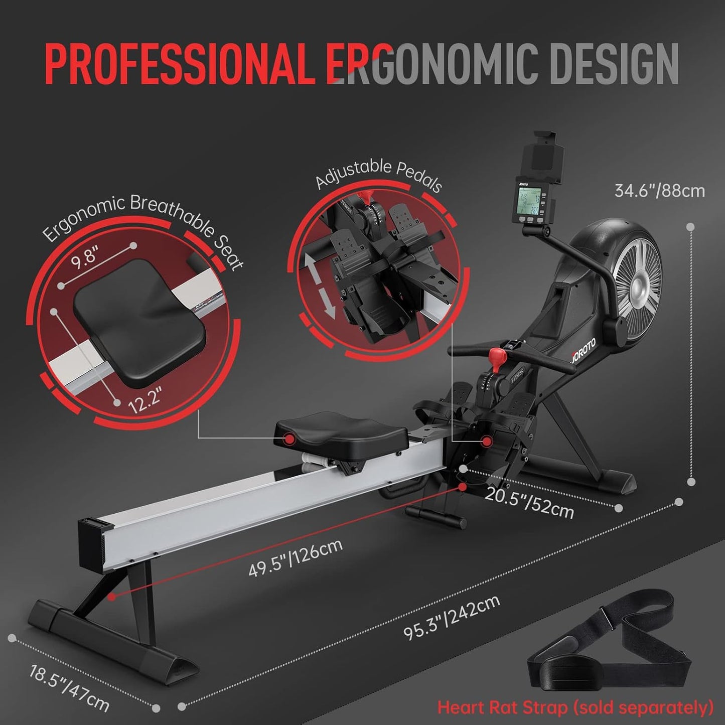 JOROTO Rowing Machine for Home Foldable, Air Magnetic Rowing Machines with 10-Level Adjustable Resistance, Quiet Ergonomic Seat，Bluetooth App, Max 350LBS, Space-Saving Home Gym, Gray