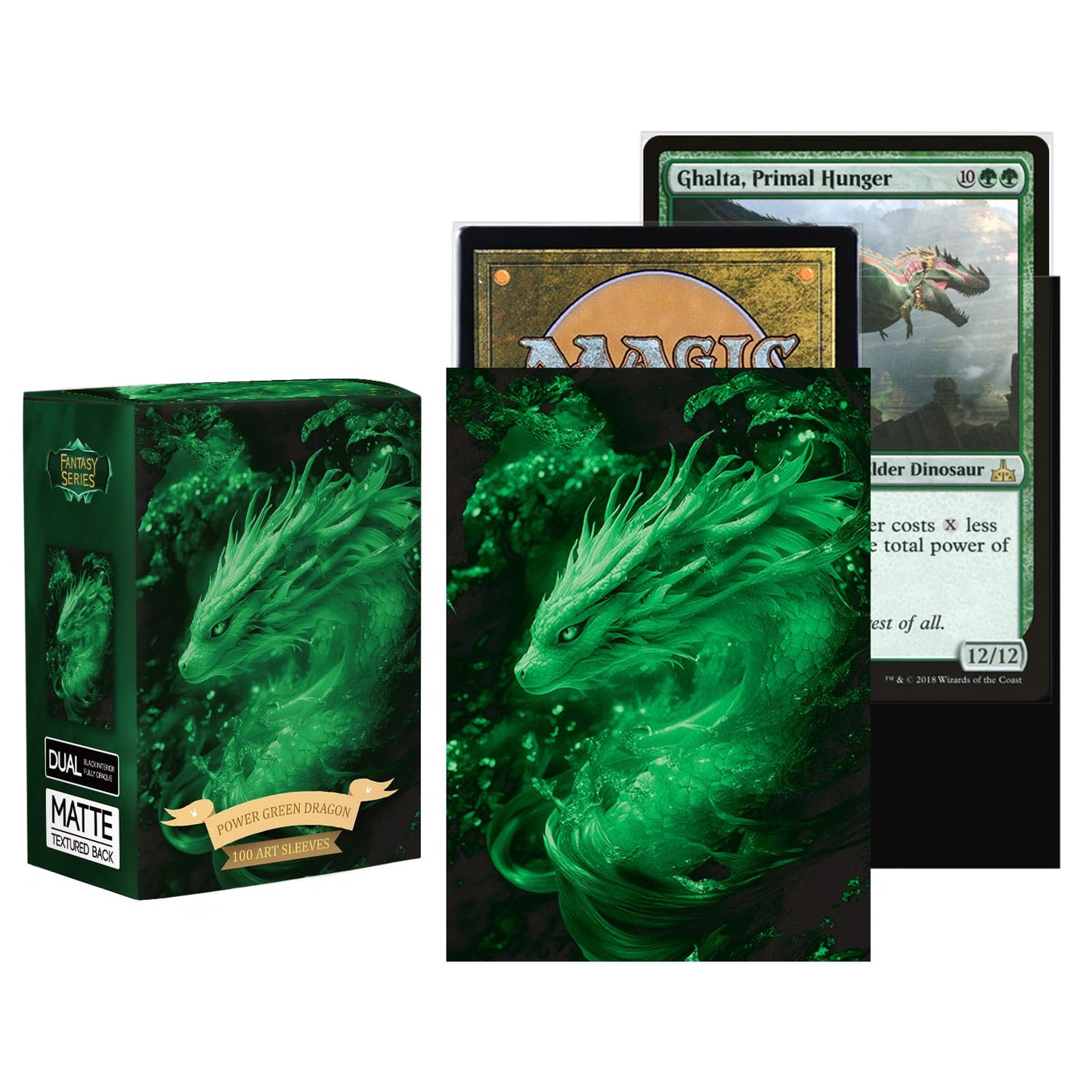 Katomula 100 MTG Card Sleeves with 100 Inner Sleeves, Textured Back Art Sleeve, Fit Standard Size Cards (Power Green Dragon)