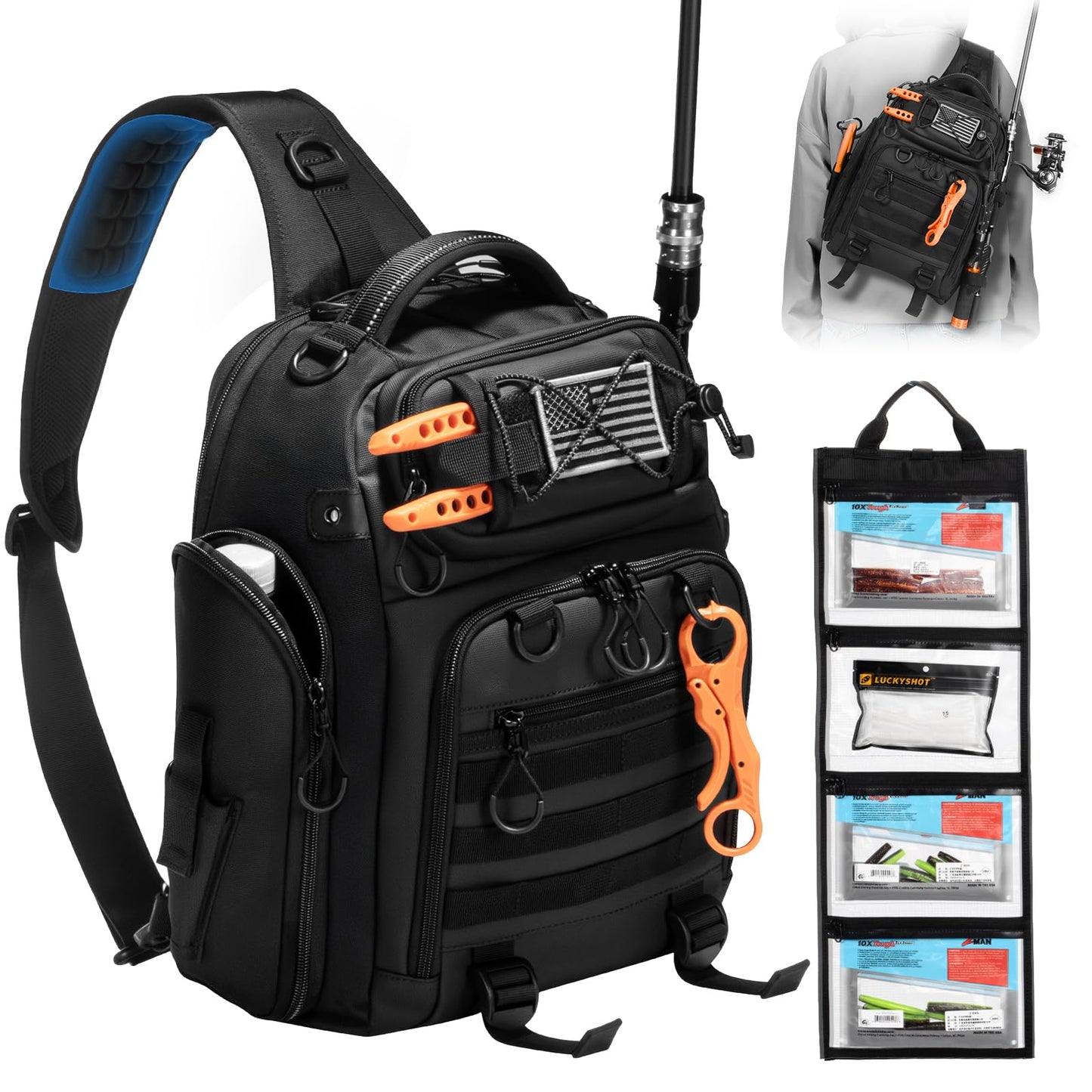 BAIXIXIG 18L Fishing Sling Bag with Removable Lure Wraps and Rod & Beverage Holder, Tackle Bag for Fishing Gear