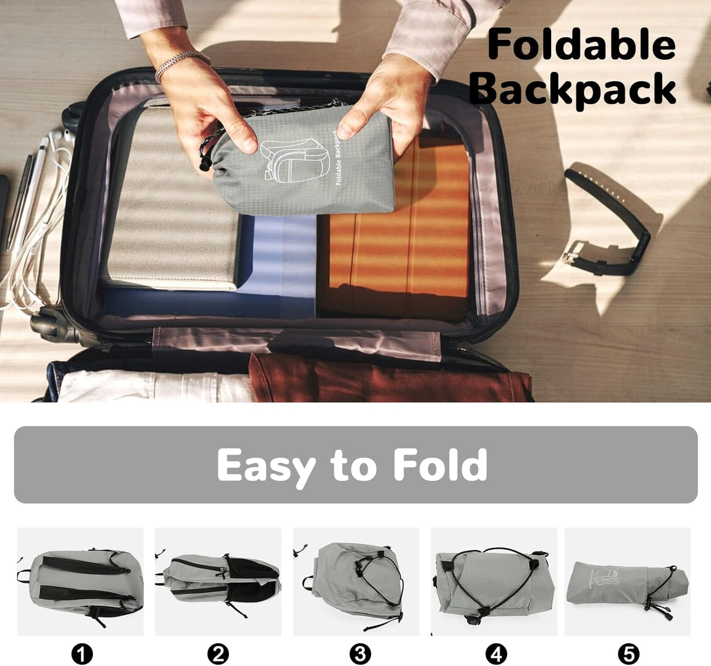 15L Small Foldable Hiking Backpack for Men Women, Packable Collapsible Daypack for Casual, Light Gray