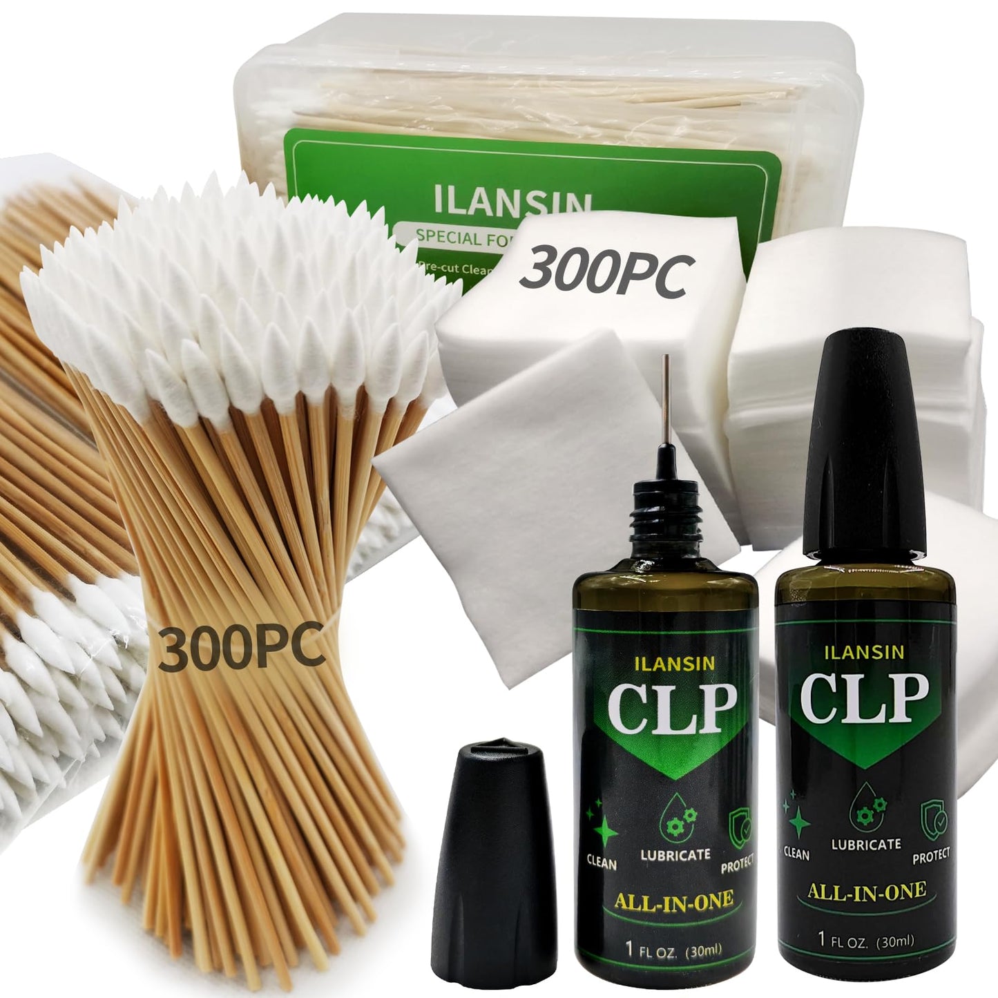 ILANSIN Gun Cleaning Patches+ Gun Cleaning Swabs+ CLP Oil, All in One Gun Lubrication,6" Long Cotton Swab,Lint Free Gun Cleaning Cloth, Fit All Caliber Firearms,Gun Cleaning Supplies Storage in Box