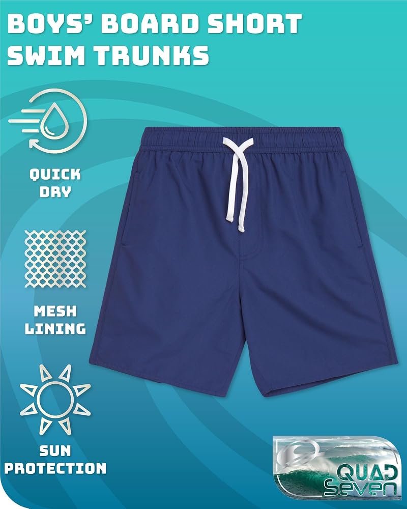 Quad Seven Boys Swim Trunks 2 Pack Navy/Red - Quick Dry Board Shorts with Pockets (Sizes 8-18)