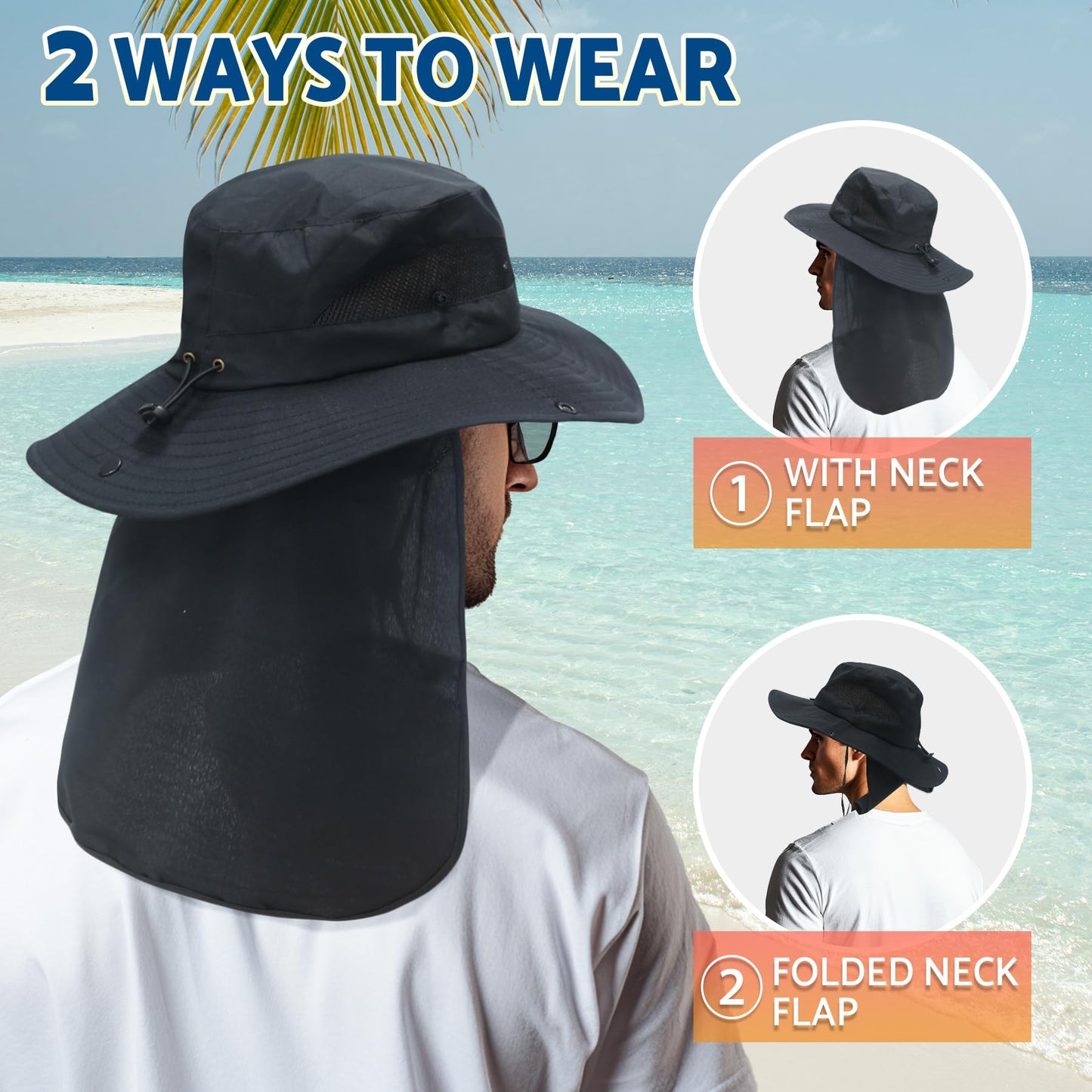 NPJY Sun Fishing Hats with Neck Flap for Men Women UV Sun Protection Safari Hat Wide Brim Bucket Hat Pure Grey