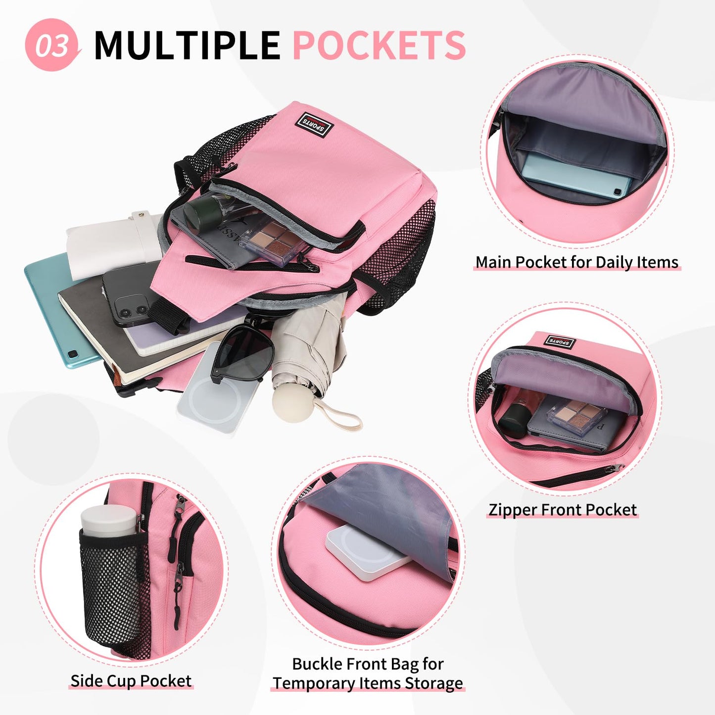 SUIKIHUM Convertible Sling Bags for Women Men, Lightweight Crossbody Backpack Daypack Fit for 7.9" Tablet for Casual Travel Sport Hiking (Pink)