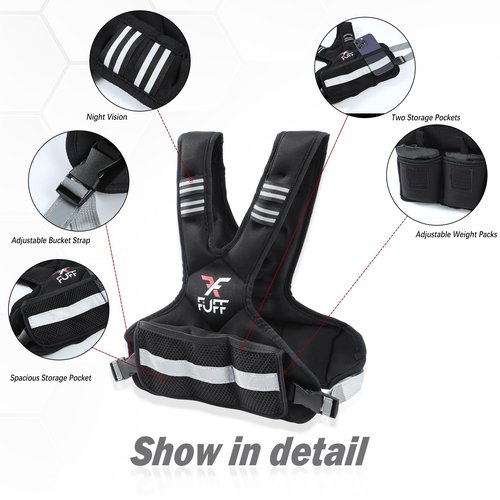 FUFF Adjustable Weighted Vest for Adult, 11-20lb Vest with 6 Ironsand Weights for Strength Training, Large Weight Vest with Reflective Strip for Men & Women
