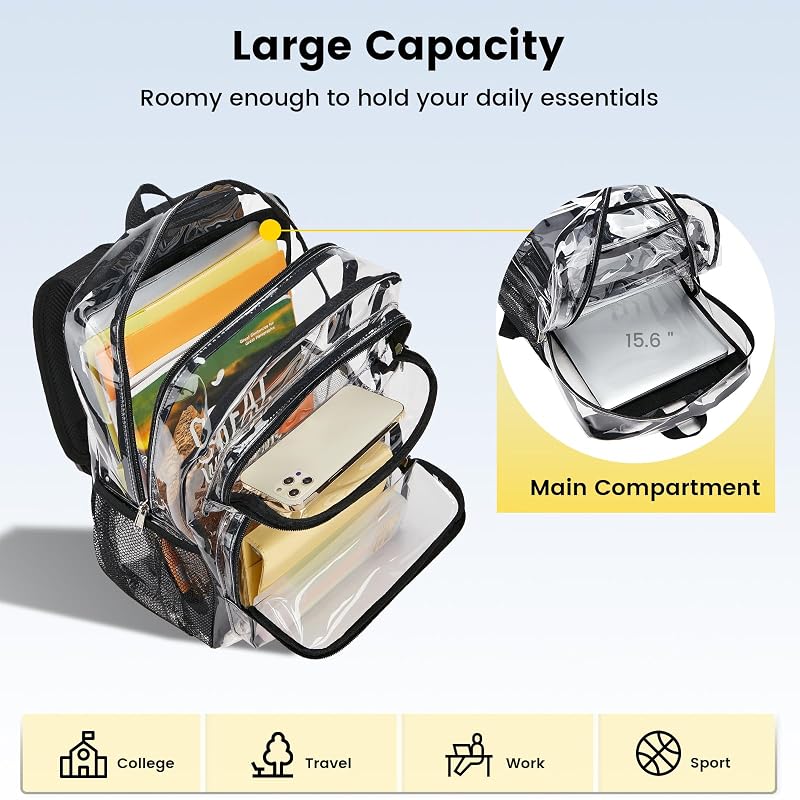 Clear Backpack for School 16 Inch, Transparent Bookbag with Black Variation: Large