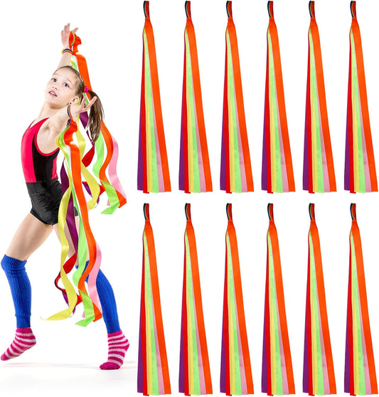 12 Pieces Rainbow Dance Ribbons, Colorful Dancing Rhythm Streamers, Hand Held Gymnastics Ribbons for Gym, Training, Artistic Dancing, Birthday Party Gift Decoration