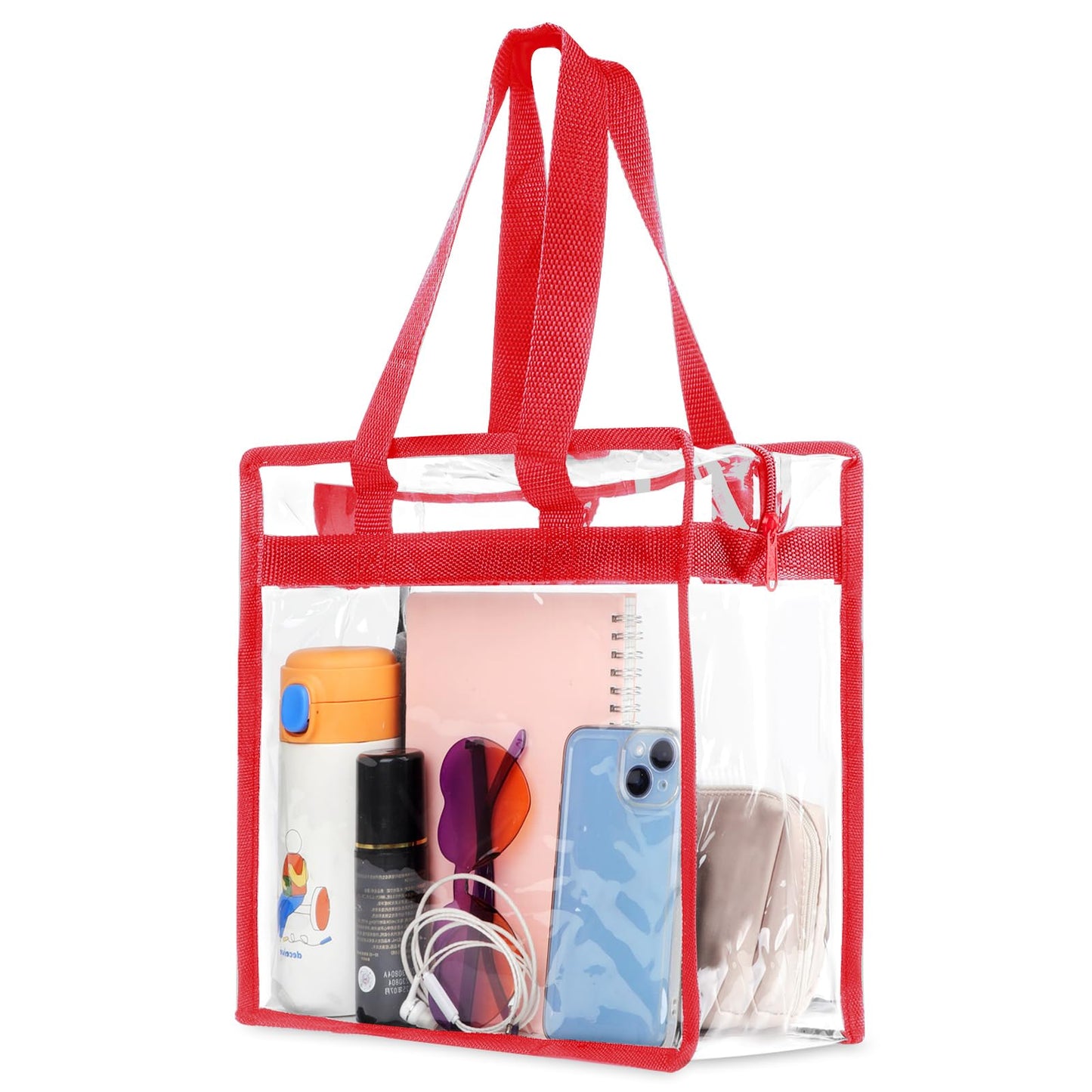 Hoiny Clear Bag for Stadium Events Approved, 12x6x12 Large Transparent Tote Bag with Zipper for Gym Concert Sports Festivals (Red)