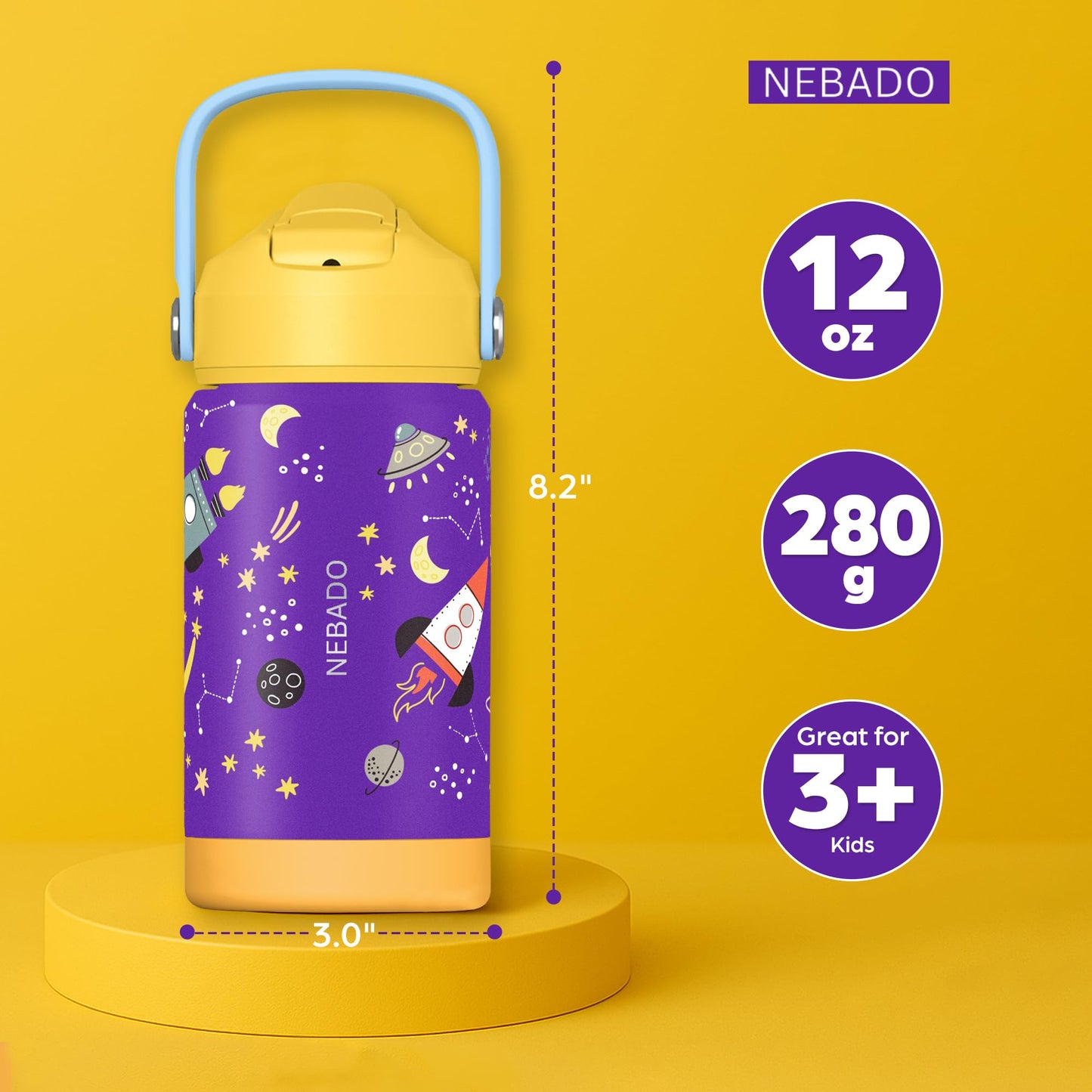 NEBADO Kids Stainless Steel Insulated Water Bottle with Straw 12oz - Leak Proof Toddler Thermos Cup for School, BPA Free with Handle & Non-Slip Silicone Base, Dishwasher Safe, Cosmic Purple