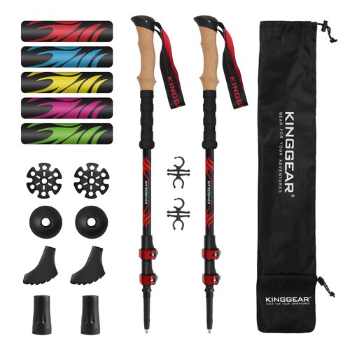 KINGGEAR TPC 100% Carbon Fiber Hiking Poles, Telescopic Retractable Nordic Trekking Poles, Ultra Lightweight Nordic Walking Stick, Metal Flip Locks, Cork and Extended EVA Handle