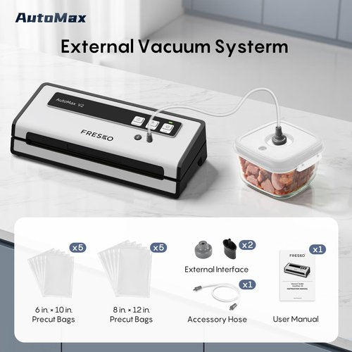 FRESKO Automatic Vacuum Sealer 95KPA Double Pump | Double Heat Seal for 8X Freshness | Pulse Vac Mode for Delicate Foods | Starter Kit with Bags 10-Pack