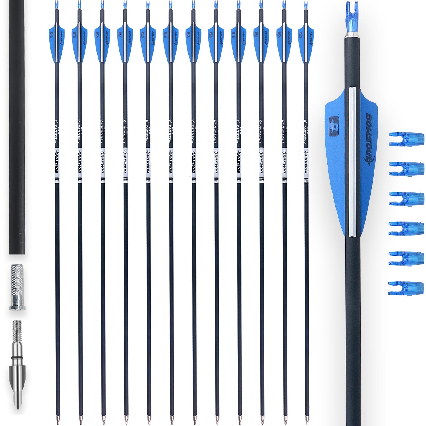 BOWSOUL 31Inch Carbon Arrows for Target Practice Hunting Arrow with Removable Tips for Compound & Recurve Bow(Pack of 12) (Blue White)