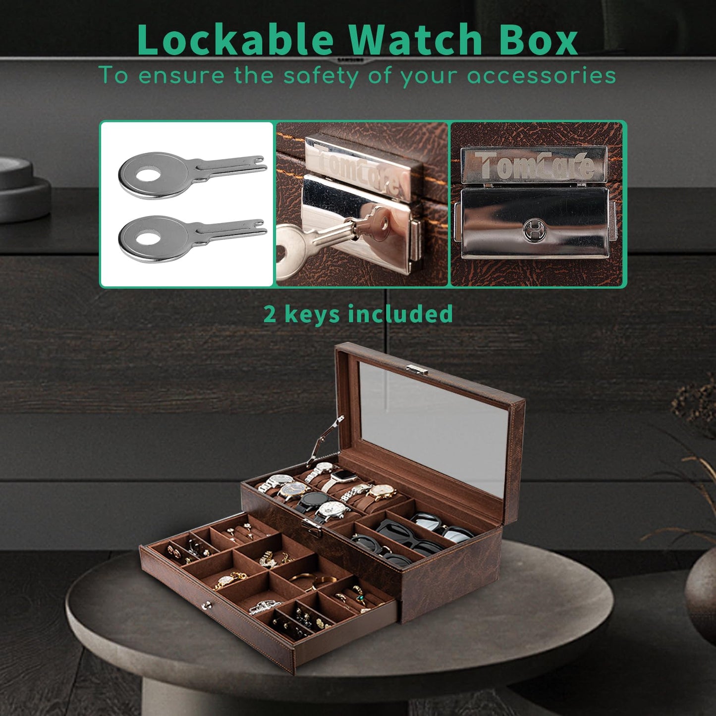 TomCare Watch Box 2-Tier Watch Case Jewelry Organizer Box with Thick Glass Lid Lockable Watch Organizer Jewelry Display Holder Sunglass Rings Necklaces Bracelets Storage Organizer for Men Women,Brown