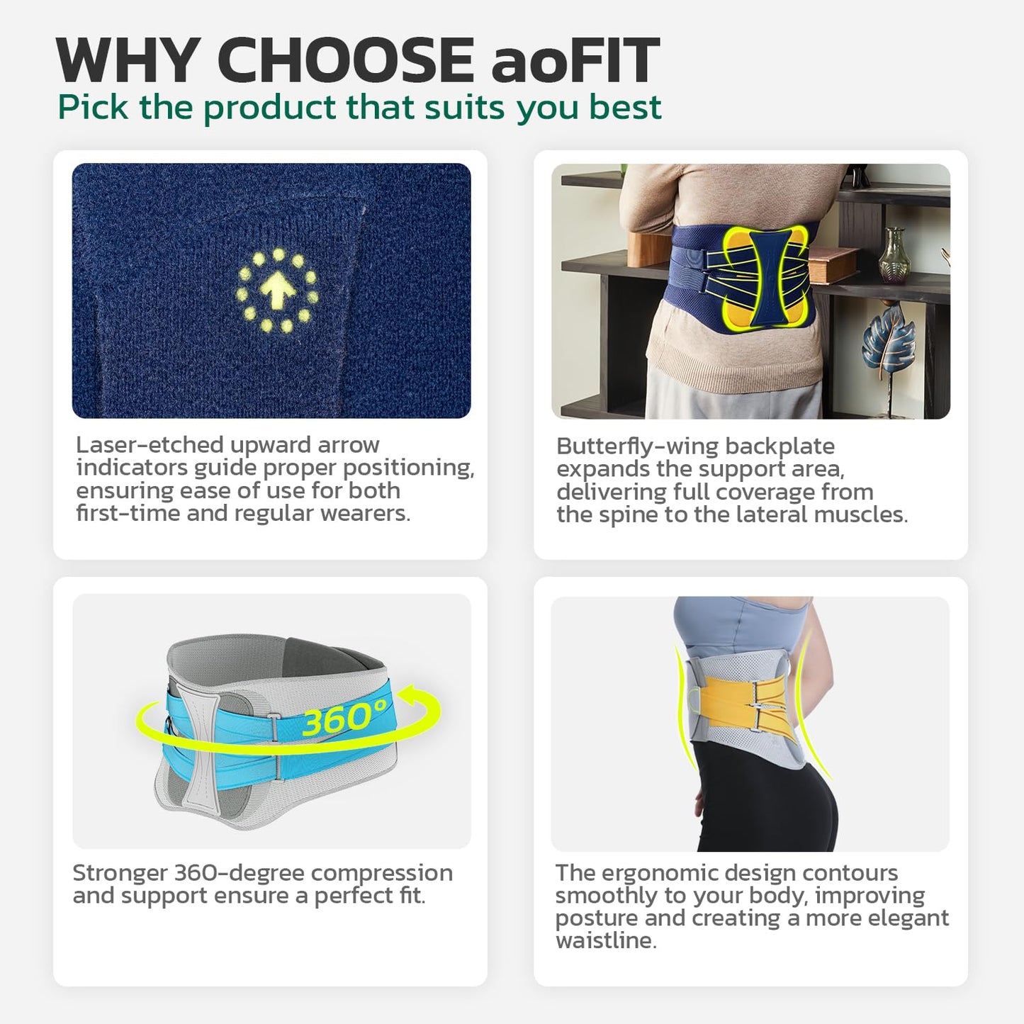 aoFIT Back Brace for Lower Back Pain Relief, Adjustable Lumbar Support Belt with Steel Plates, Dual Compression, Breathable 3D Knit Fabric, Slim Waist Design for Work, Gym, Sciatica, Herniated Disc L