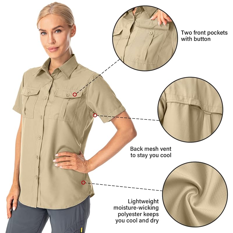 Women's UPF 50+ Quick Dry Button-Down Shirt with Short Sleeves Khaki Medium — Outdoor Sun Protection
