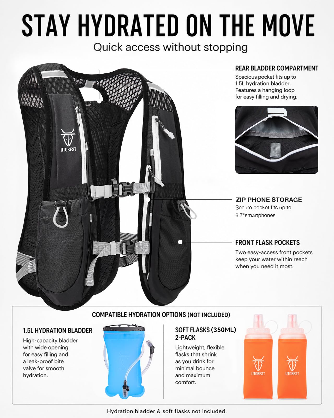 UTOBEST Running Vest Lightweight Running Hydration Vest with Water Bladder for Trail Running Marathon Race Hiking